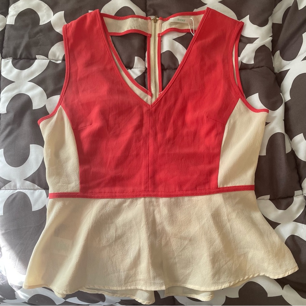 Esley Colorblock Bright Coral & Cream Zippered Cutout Back Peplum Top Size L